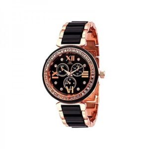 IIK Collection Round Studded Dial Metal Bracelet Chain Strap Analogue Women's Wrist Watch (Black)