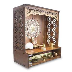 Wooden Pooja Stand for Home Mandir for Home Temple for Home and Office Puja Mandir for Home and Office Wall with LED Spot Light Product (H- 18, L- 16, W-8.75 Inch)