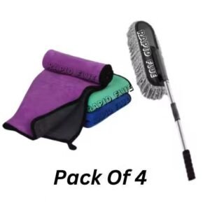 Combo of Car Cleaning Brush and Microfiber Cloth 600 GSM . Includes Extra Thick Microfiber Cloth and Car Duster Microfiber for Efficient Dusting and Polishing Multicolor | Car towel |Car duster Multicolor Pack Of 4